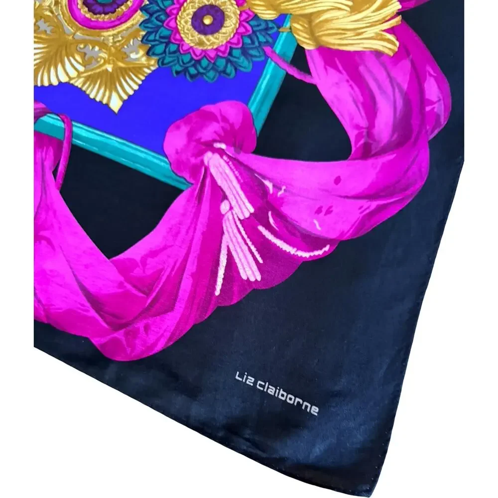 Vintage Liz Claiborne 1990s Silk Jewel Tone Tassel Medallion Scarf 31 x 31